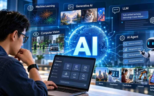 Ilustrasi Artificial Intelligence yang menampilkan machine learning, generative AI, LLM, computer vision, AI agent, serta contoh penerapannya.