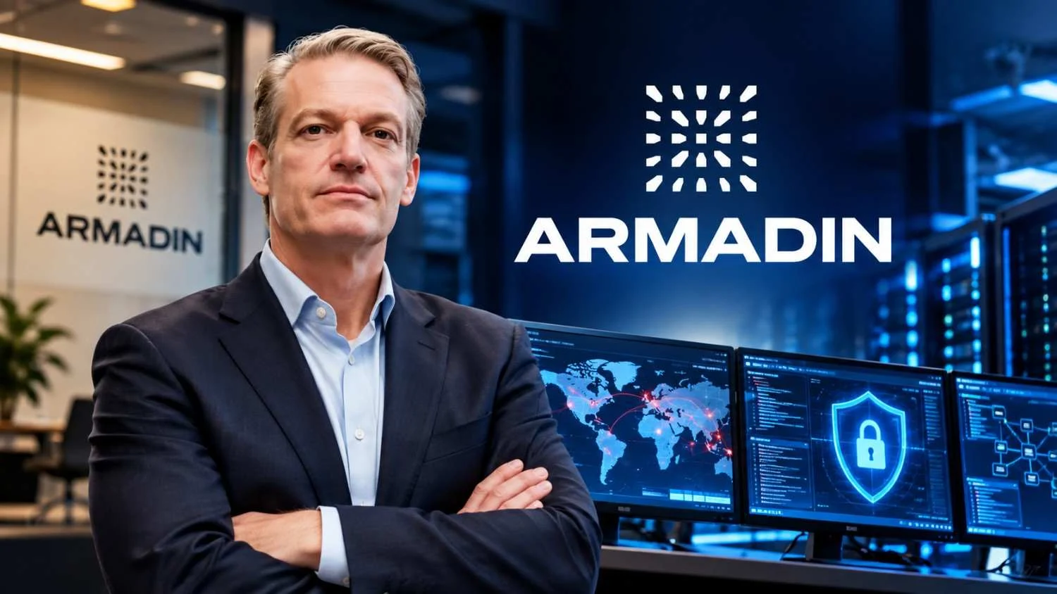 Kevin Mandia, pendiri dan CEO Armadin, dengan latar visual keamanan siber dan identitas perusahaan Armadin.