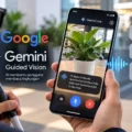 Ilustrasi pengguna tunanetra memakai Google Gemini Guided Vision untuk mengenali objek, membaca teks, dan mendapatkan deskripsi lingkungan secara real-time.