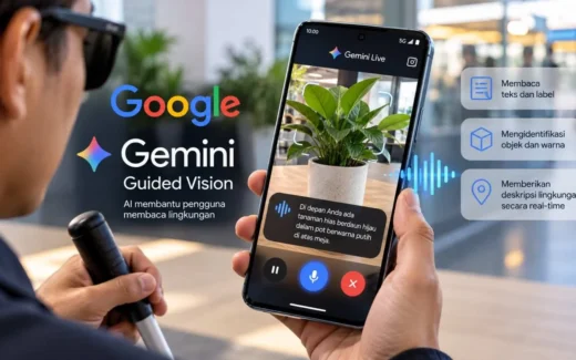 Ilustrasi pengguna tunanetra memakai Google Gemini Guided Vision untuk mengenali objek, membaca teks, dan mendapatkan deskripsi lingkungan secara real-time.