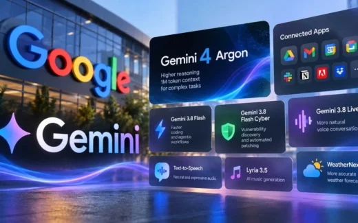 Ilustrasi Google Gemini dan sejumlah pembaruan AI terbaru Google, termasuk Gemini 4 Argon, Connected Apps, Gemini 3.8 Flash, dan WeatherNext 3.