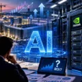 Ilustrasi investasi AI dengan data center, GPU, perusahaan teknologi global, dan tantangan return on investment industri kecerdasan buatan.