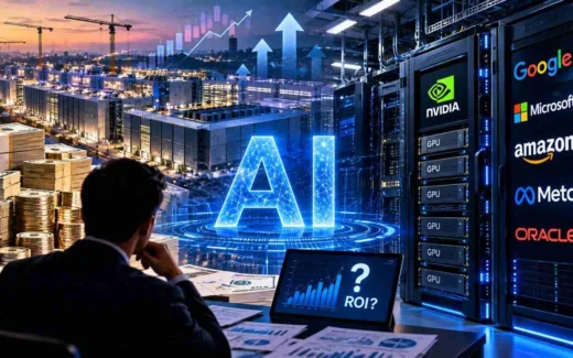 Ilustrasi investasi AI dengan data center, GPU, perusahaan teknologi global, dan tantangan return on investment industri kecerdasan buatan.