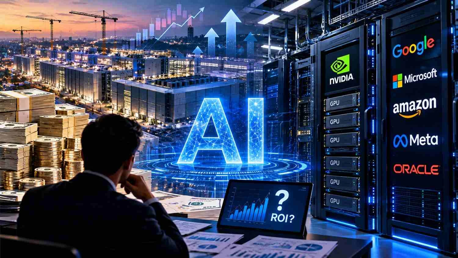 Ilustrasi investasi AI dengan data center, GPU, perusahaan teknologi global, dan tantangan return on investment industri kecerdasan buatan.